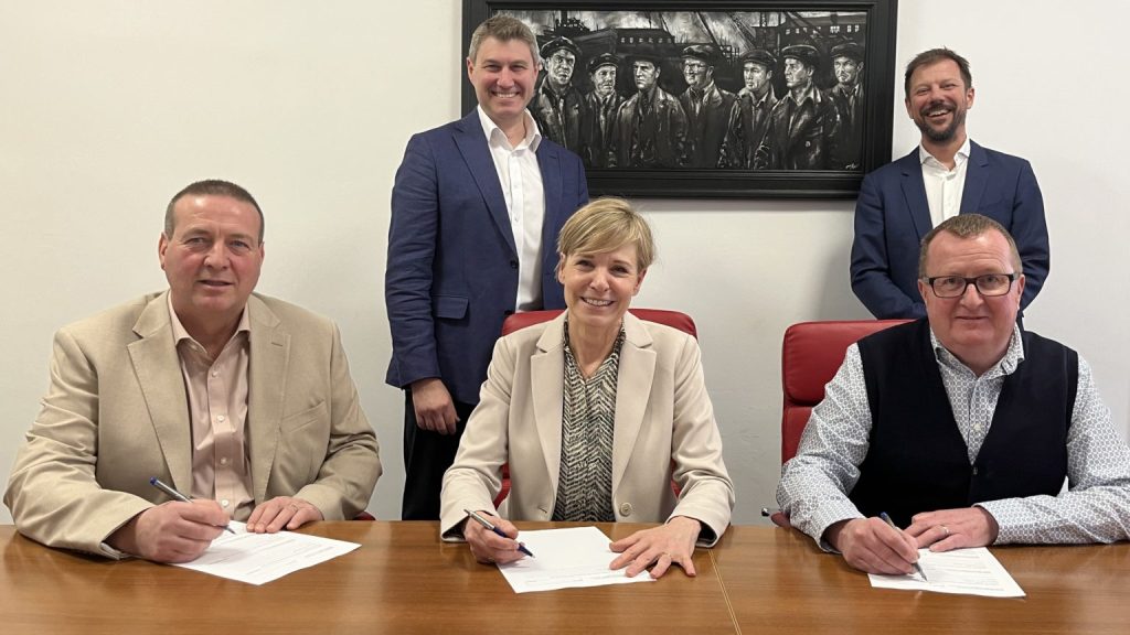 Maritime engineers Arch Henderson sign deal to join Royal Haskoning DHV. Front from left: George Bowie, with CEO Marije Hulshof and Alan Kilbride