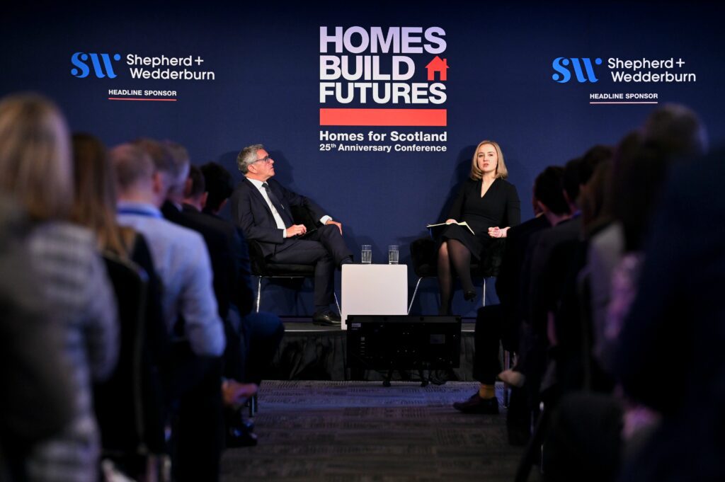 Stephen Jardine and Màiri McAllan MSP on stage at the 25th Annual Homes for Scotland Conference