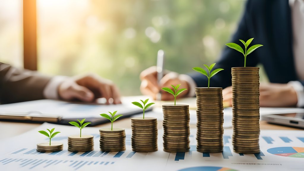 Financial growth and wealth management investment. Business banking and capital accumulation. Growing plant on coin stacks on office desk with charts