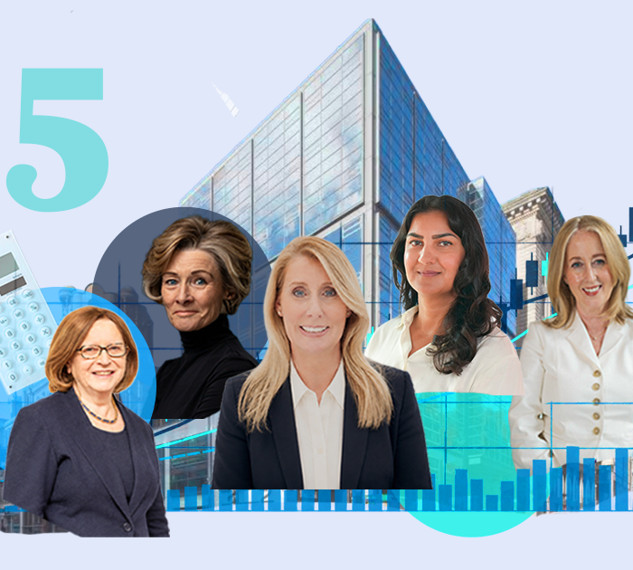 illustration for 35 most influential women in finance in Scotland. Featuring 5 women in finance. (Left to right): Dame Susan Rice (Lady Rice); Judy Wagner; Dame Debbie Crosbie, group chief executive of Nationwide (born in Glasgow); Yasmin Nabi; and Sue Dawe. Background features the International Financial Services District budiling in Glasgow and financial symbols - calculator, stock chart - in a turquoise and blue colour palette.
